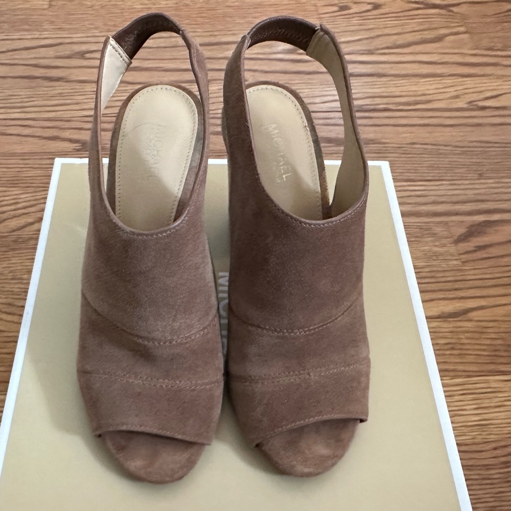 Michael Kora Tan Suede Mules with Block Heel